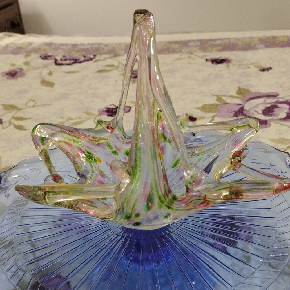Murano Handblown Clear Glass Centerpiece with Pink, Green and Yellow Accents